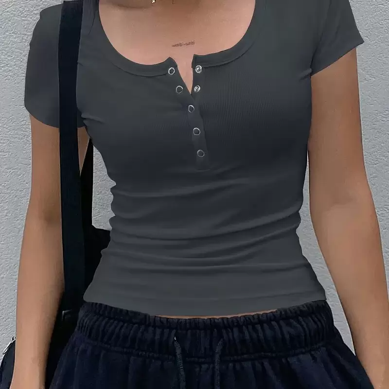Women'S Slim-Fit Beige Short Sleeve Crop Top with Button Details - Summer Casual Solid Color T-Shirt, Stretchy Polyester Blend