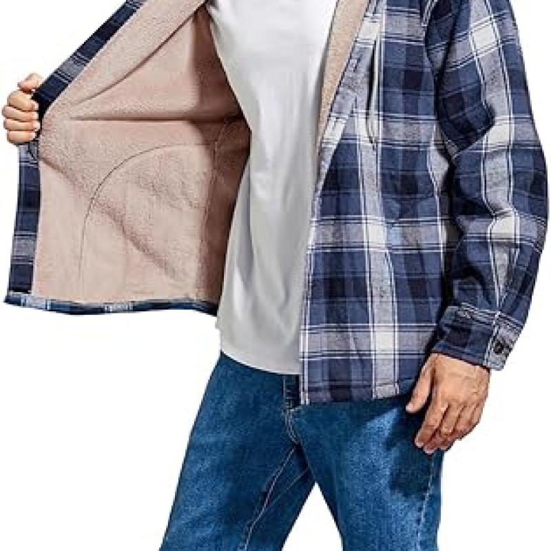 Men's Cotton Plaid Shirts Jacket Fleece Lined Flannel Shirts Sherpa Button Down Jackets with Hood for Men