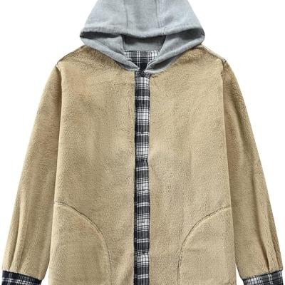 Men's Cotton Plaid Shirts Jacket Fleece Lined Flannel Shirts Sherpa Button Down Jackets with Hood for Men