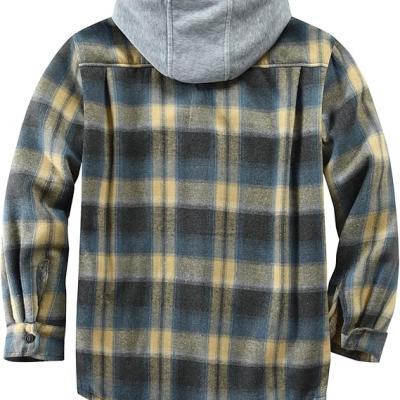 Men's Cotton Plaid Shirts Jacket Fleece Lined Flannel Shirts Sherpa Button Down Jackets with Hood for Men