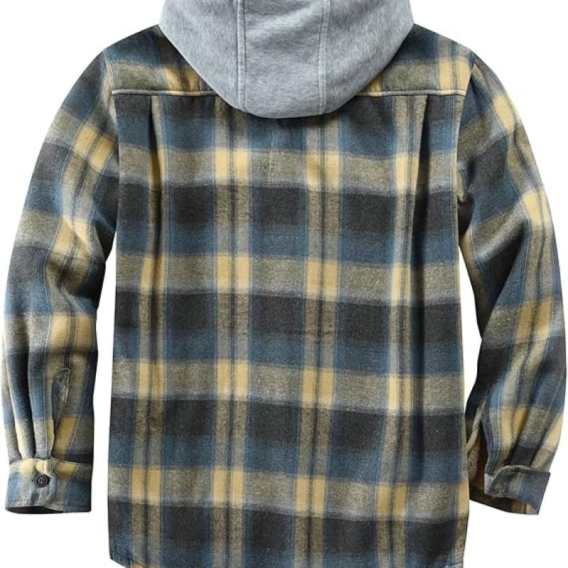 Men's Cotton Plaid Shirts Jacket Fleece Lined Flannel Shirts Sherpa Button Down Jackets with Hood for Men