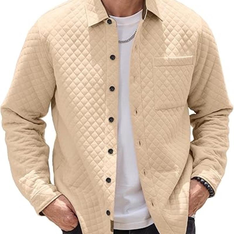 Mens Shacket Long Sleeve Shirt Jacket with Pockets Lightweight Quilted Overshirt