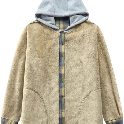 Men's Cotton Plaid Shirts Jacket Fleece Lined Flannel Shirts Sherpa Button Down Jackets with Hood for Men