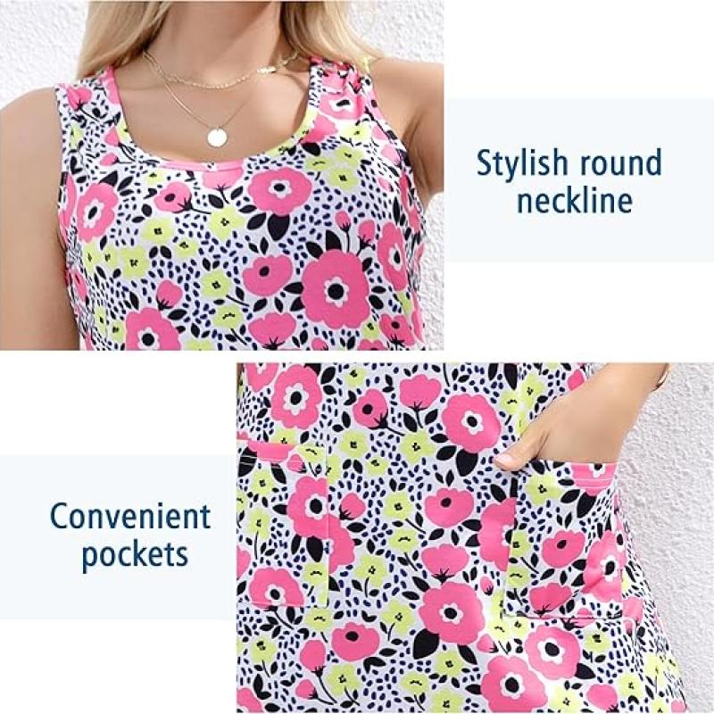 Women's Summer Dresses 2025 Casual Sleeveless Boho Beach Dress Scoop Neck T-Shirt Floral Sundress with Pocket