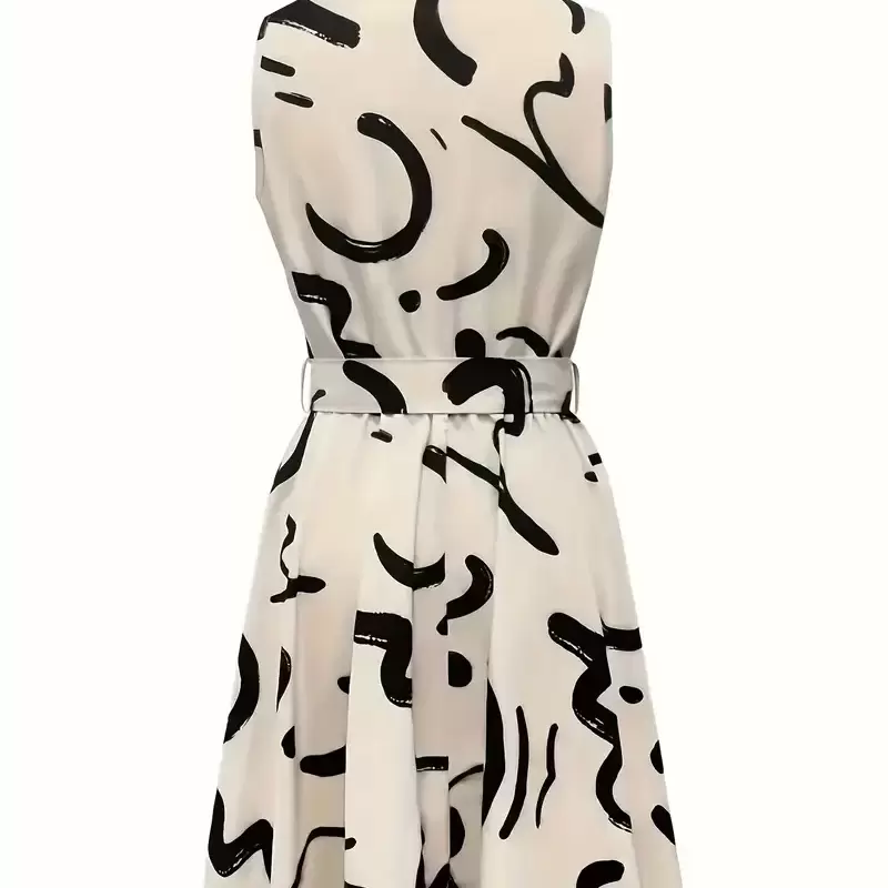 Women'S Sleeveless Geometric Print Midi Dress - Casual Belted Collar Dress with Texture, Lightweight Polyester for Spring Summer