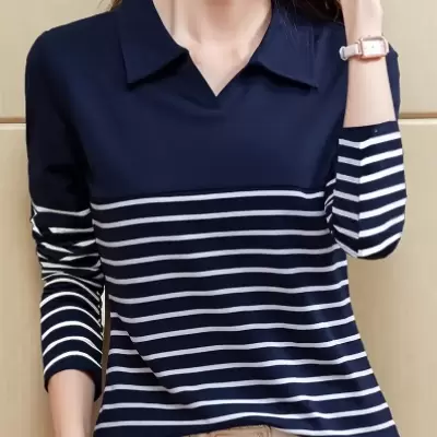Weka Women's Striped Long Sleeve Shirt - White & Navy Blue Classic Collar Blouse, Medium Stretch Machine