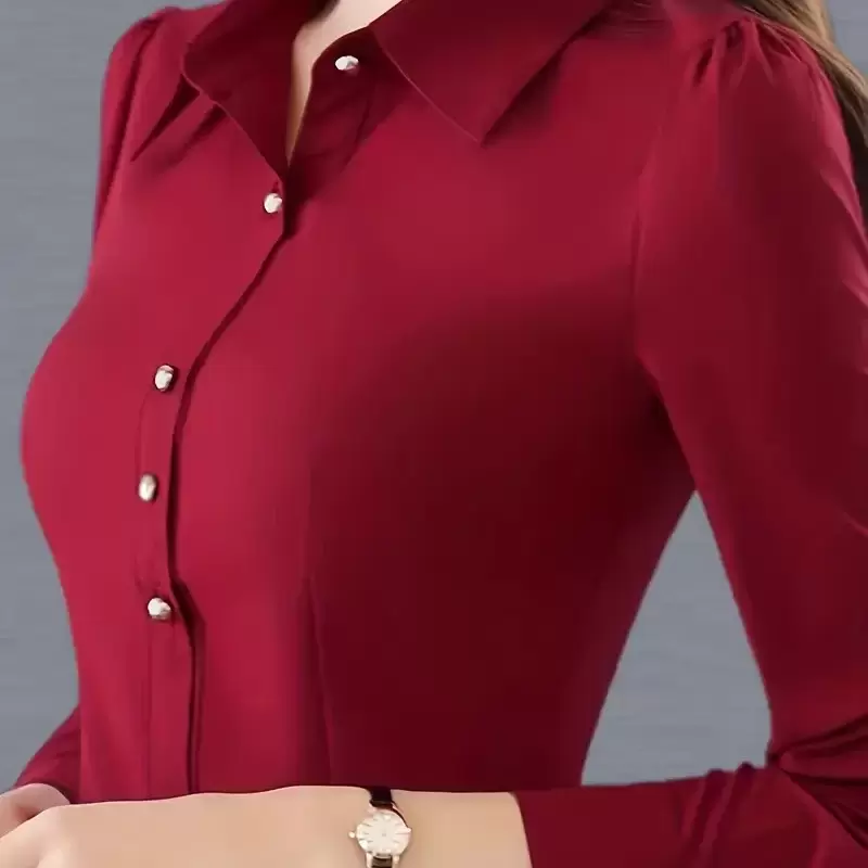Women's Slim-Fit Long Sleeve Shirt - Elegant Square Neck Burgundy Top with Button Detail, Tummy Control & Machine