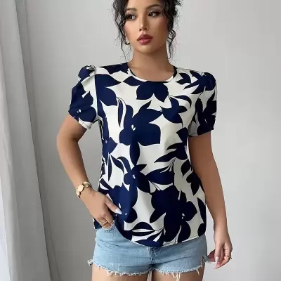 Women's Navy Blue Floral Print Short Sleeve Shirt - Lightweight Summer Casual Button-Up Blouse with Round Neck, Breathable