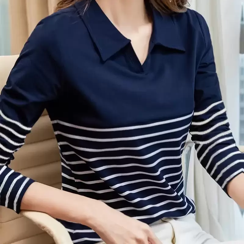 Weka Women's Striped Long Sleeve Shirt - White & Navy Blue Classic Collar Blouse, Medium Stretch Machine
